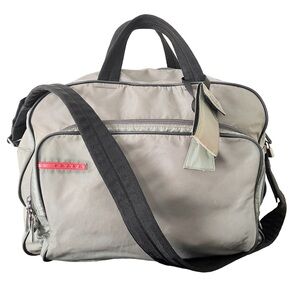 Prada gray nylon red logo vintage large travel bag unisex